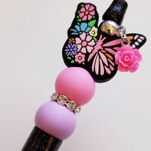 Handmade Pink Flower Butterfly Beaded Silicone Focal Bead Pen